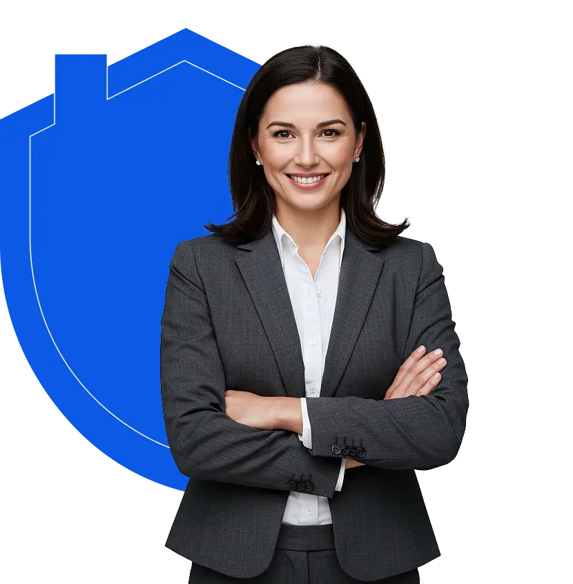 Businesswoman with shield icon for home protection