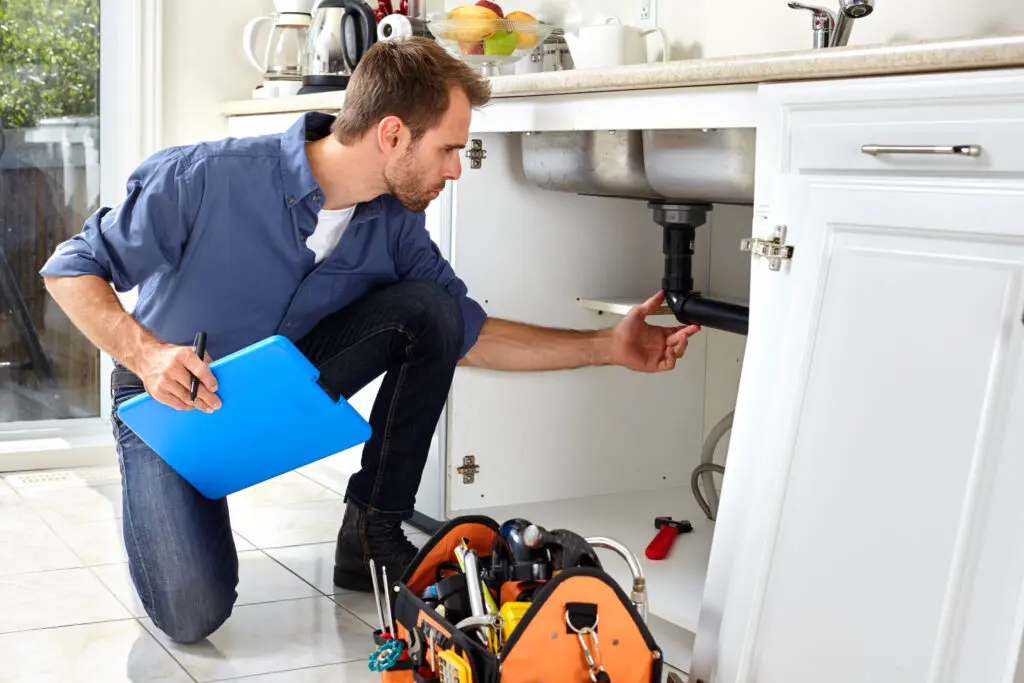 Repairman checking plumbing under home warranty coverage. 