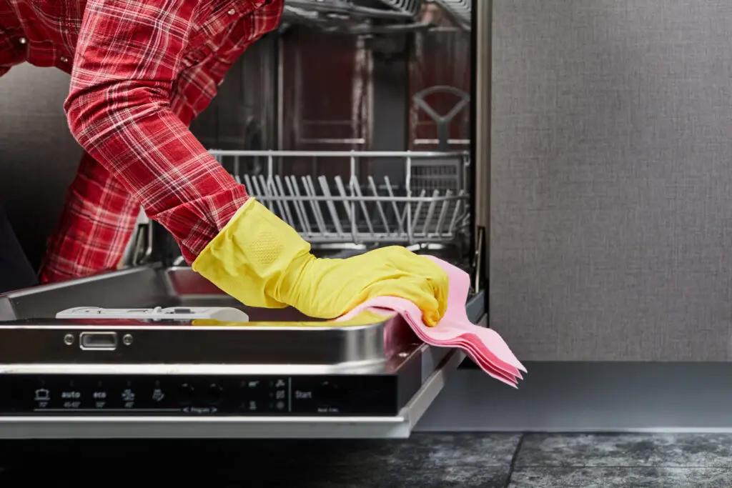 Wiping dishwasher interior and exterior clean. 